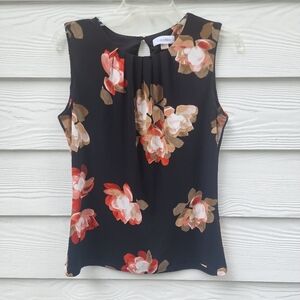 S Calvin Klein black floral sleeveless blouse